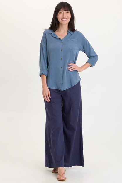 Terri Cotton Linen Front Pleat Wide-Leg Pull-On Pant Navy - XCVI