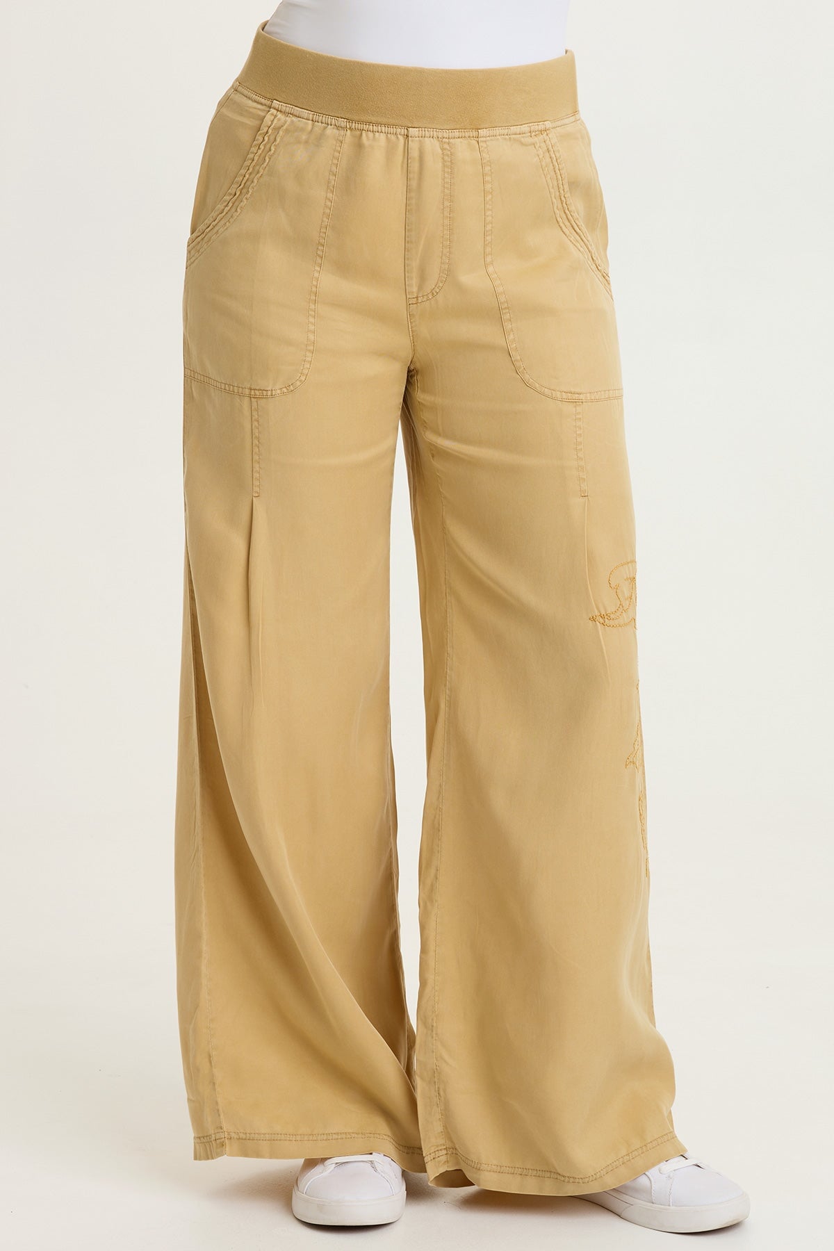 Embroidered Dacia Tencel Twill Pleated Wide Leg Pull-On Waist Pant Sepia Pigment - XCVI