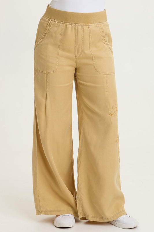 Embroidered Dacia Tencel Twill Pleated Wide Leg Pull-On Waist Pant Sepia Pigment - XCVI