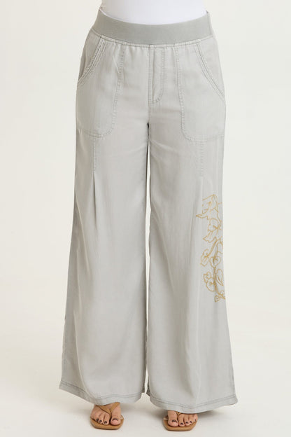 Embroidered Dacia Tencel Twill Pleated Wide Leg Pull-On Waist Pant Masterpiece Pigment - XCVI