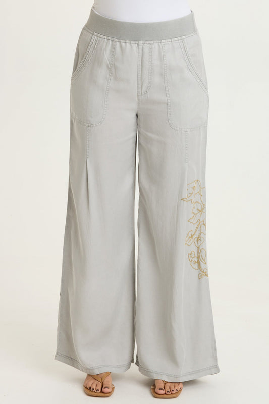 Embroidered Dacia Tencel Twill Pleated Wide Leg Pull-On Waist Pant Masterpiece Pigment - XCVI