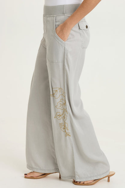 Embroidered Dacia Tencel Twill Pleated Wide Leg Pull-On Waist Pant Masterpiece Pigment - XCVI