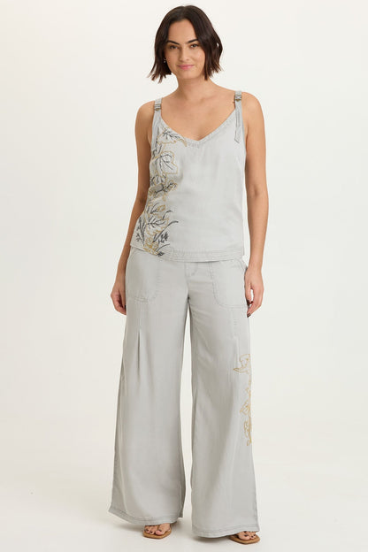 Embroidered Dacia Tencel Twill Pleated Wide Leg Pull-On Waist Pant Masterpiece Pigment - XCVI