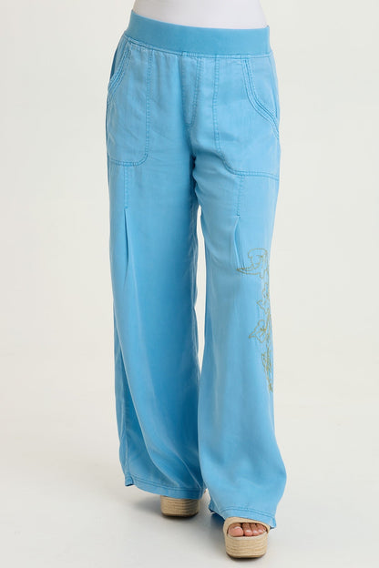 Embroidered Dacia Tencel Twill Pleated Wide Leg Pull-On Waist Pant Aztec Sky Pigment - XCVI