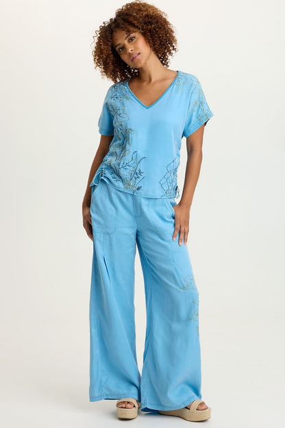 Embroidered Dacia Tencel Twill Pleated Wide Leg Pull-On Waist Pant Aztec Sky Pigment - XCVI