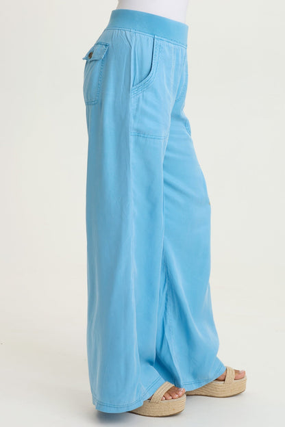 Embroidered Dacia Tencel Twill Pleated Wide Leg Pull-On Waist Pant Aztec Sky Pigment - XCVI