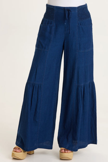 Zain Cotton Linen Indigo Twill Tiered Smocked Elastic Waist Wide-Leg Pant Sluice Wash - XCVI