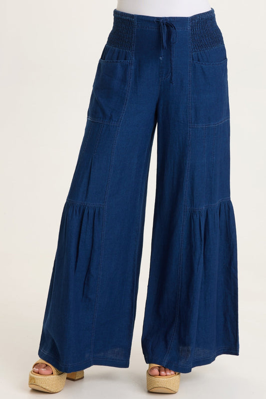 Zain Cotton Linen Indigo Twill Tiered Smocked Elastic Waist Wide-Leg Pant Sluice Wash - XCVI