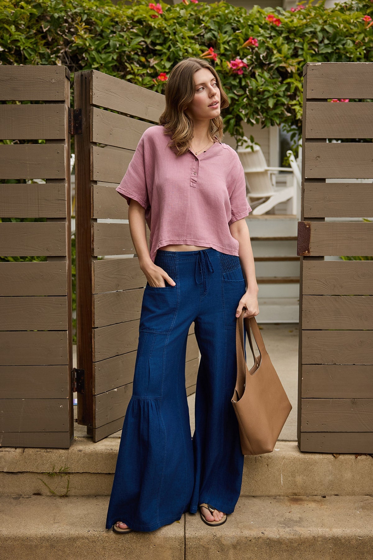 Zain Cotton Linen Indigo Twill Tiered Smocked Elastic Waist Wide-Leg Pant Sluice Wash - XCVI