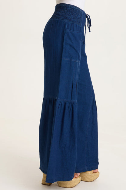 Zain Cotton Linen Indigo Twill Tiered Smocked Elastic Waist Wide-Leg Pant Sluice Wash - XCVI