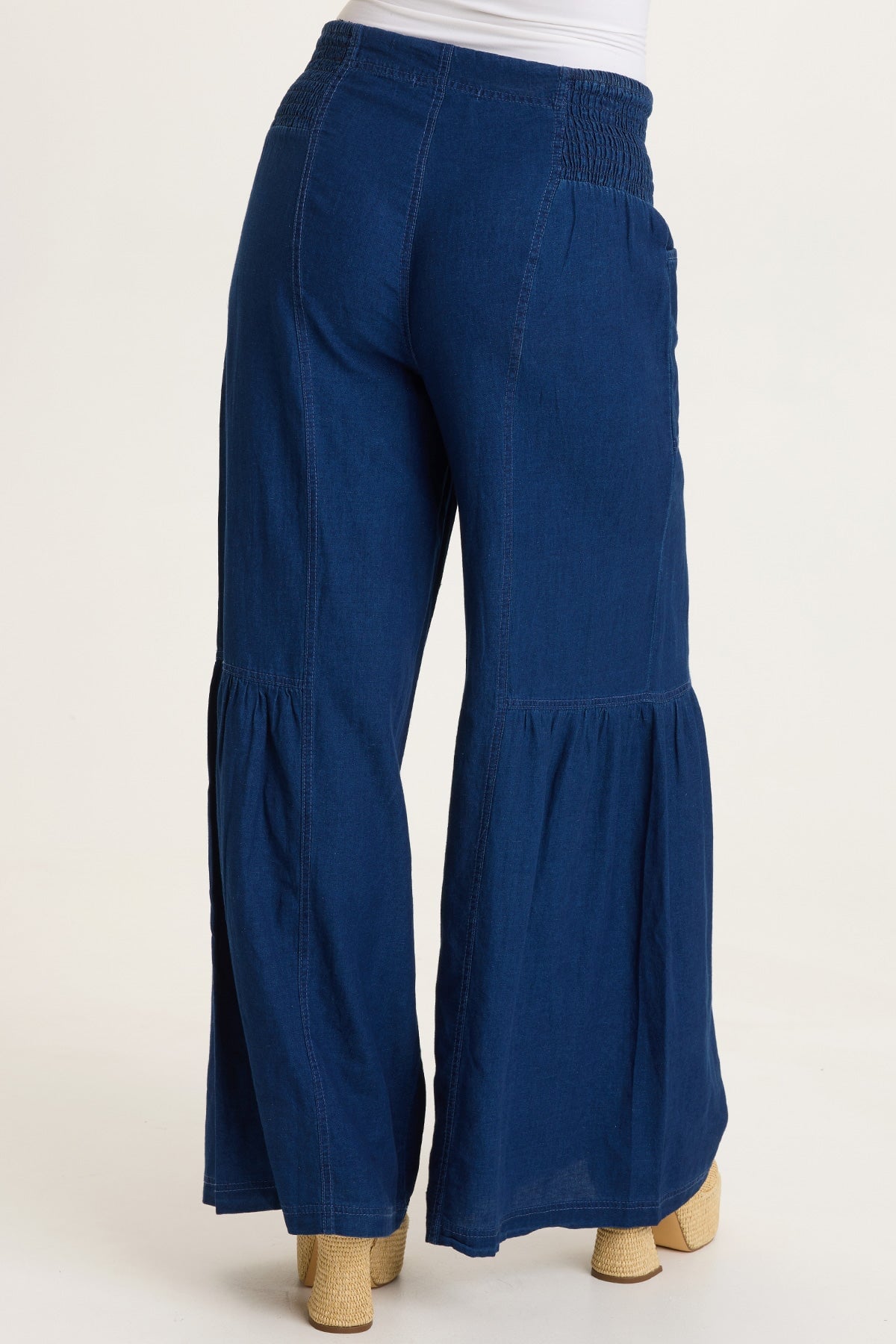 Zain Cotton Linen Indigo Twill Tiered Smocked Elastic Waist Wide-Leg Pant Sluice Wash - XCVI