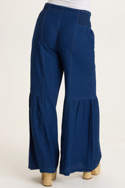 Zain Cotton Linen Indigo Twill Tiered Smocked Elastic Waist Wide-Leg Pant Sluice Wash - XCVI
