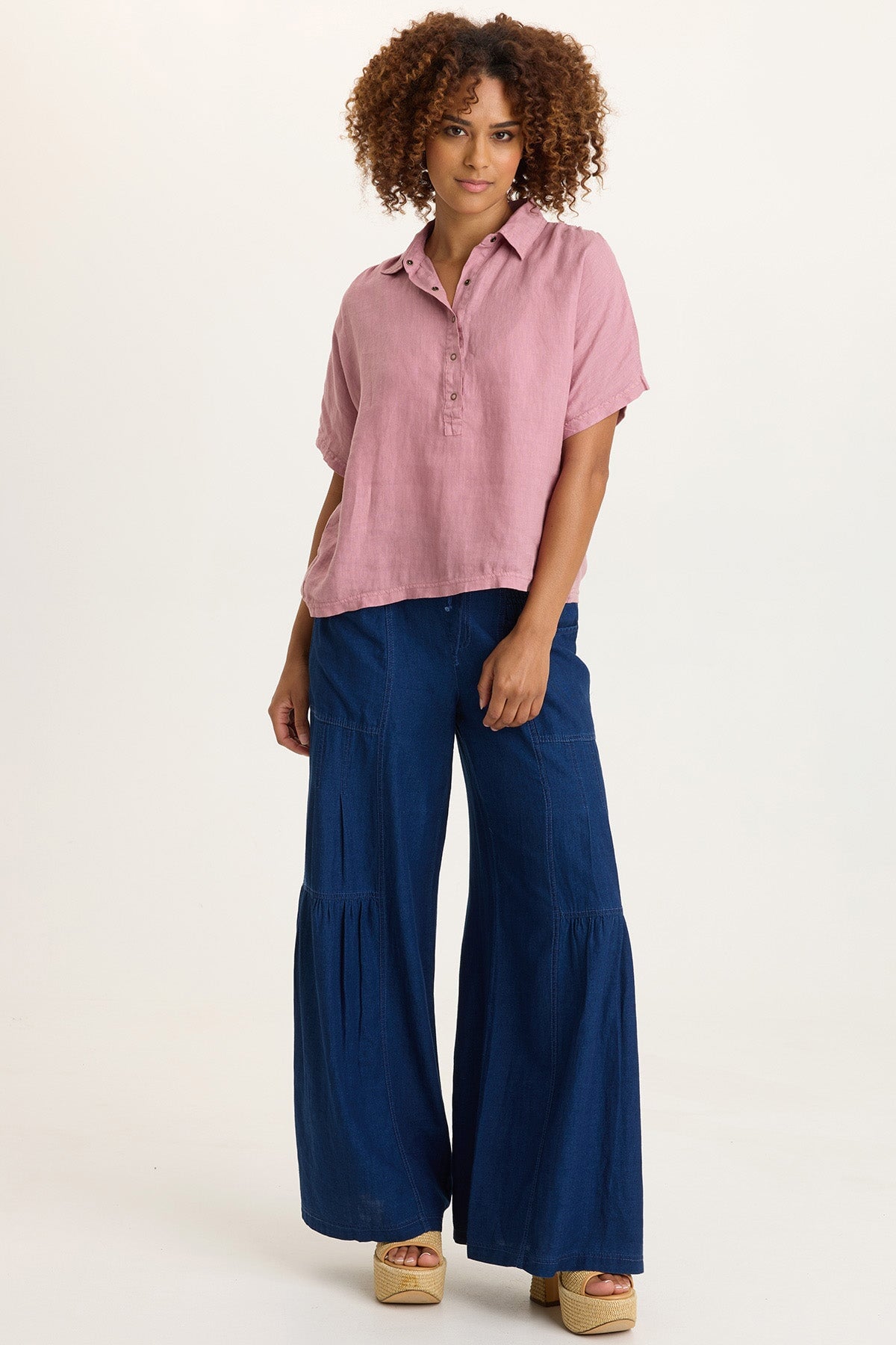 Zain Cotton Linen Indigo Twill Tiered Smocked Elastic Waist Wide-Leg Pant Sluice Wash - XCVI