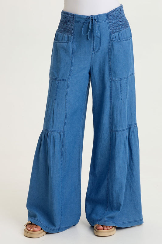 Zain Indigo Twill Tiered Smocked Elastic Waist Wide-Leg Pant Etiolate Wash - XCVI
