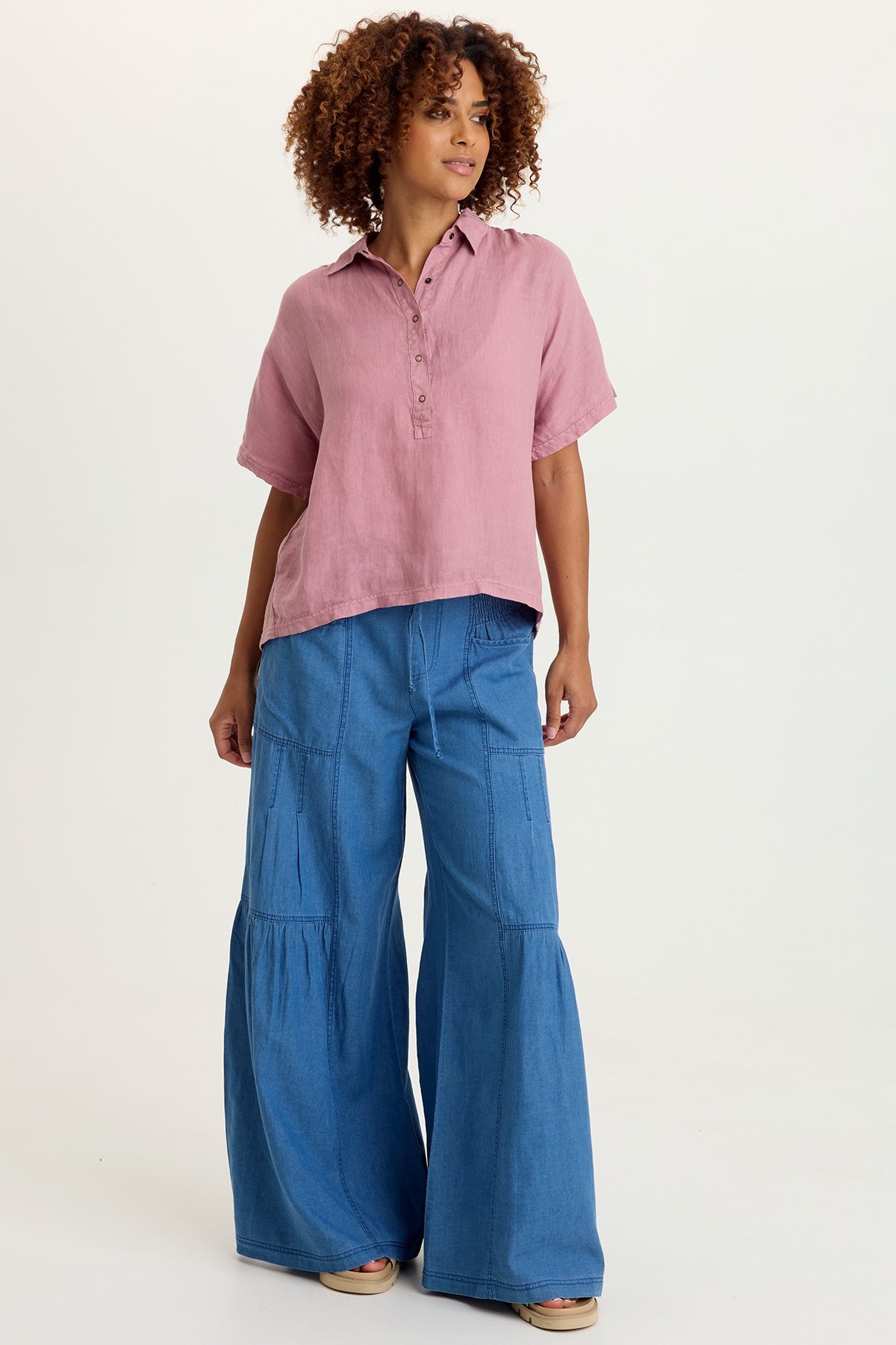Zain Indigo Twill Tiered Smocked Elastic Waist Wide-Leg Pant Etiolate Wash - XCVI