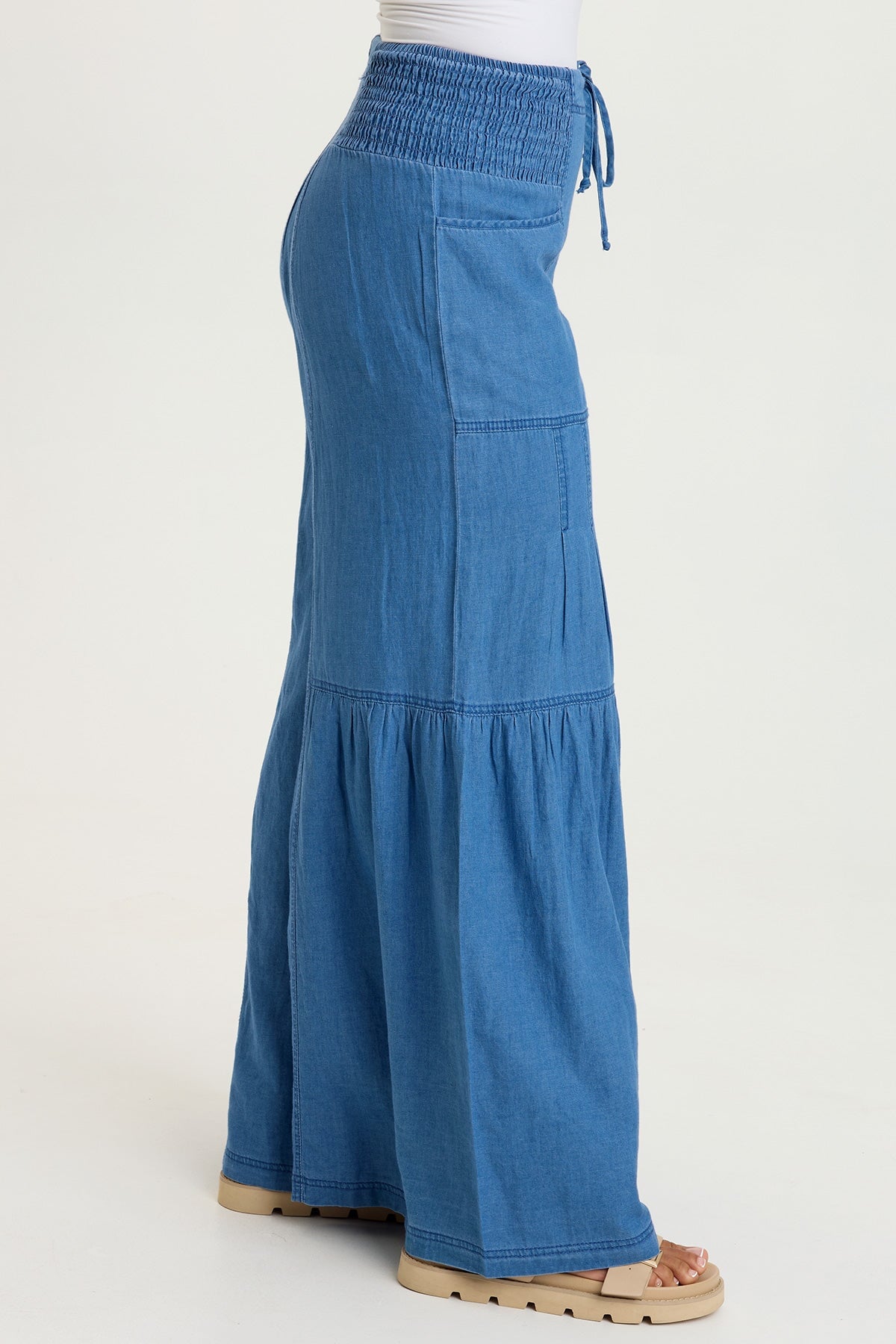 Zain Indigo Twill Tiered Smocked Elastic Waist Wide-Leg Pant Etiolate Wash - XCVI