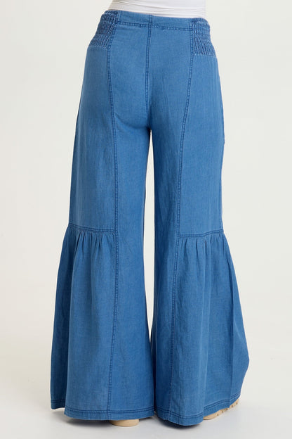 Zain Indigo Twill Tiered Smocked Elastic Waist Wide-Leg Pant Etiolate Wash - XCVI