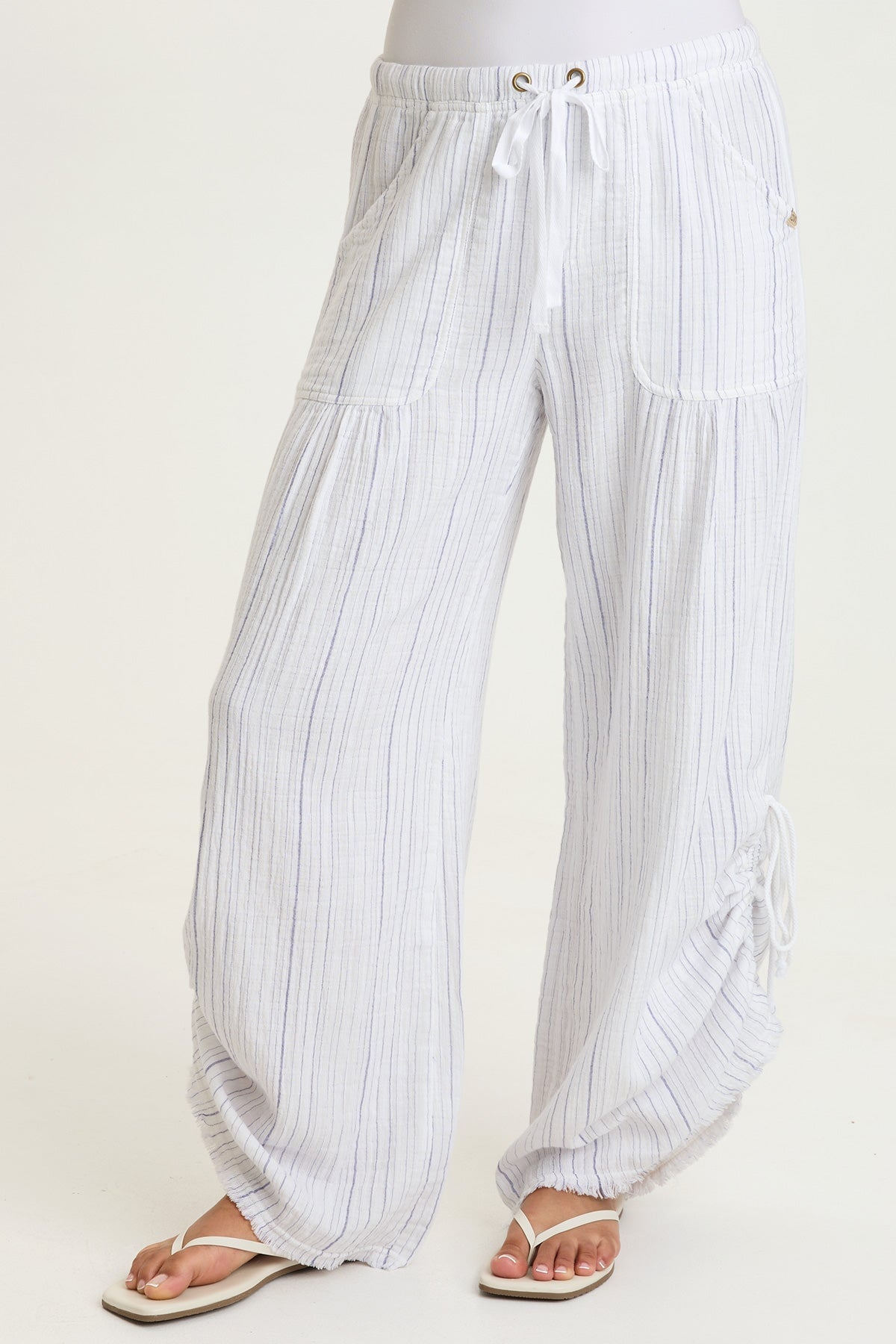 Muriel Indigo Stripe Gauze Cincable Leg Pull-On Waist Wide-Leg Pant White - XCVI