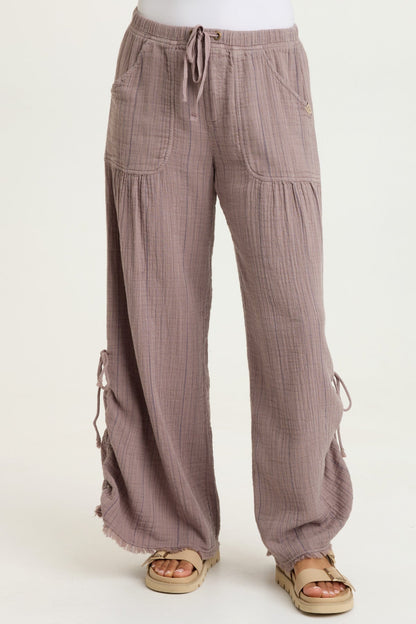 Muriel Indigo Stripe Gauze Cincable Leg Pull-On Waist Wide-Leg Pant Velvet Mink - XCVI