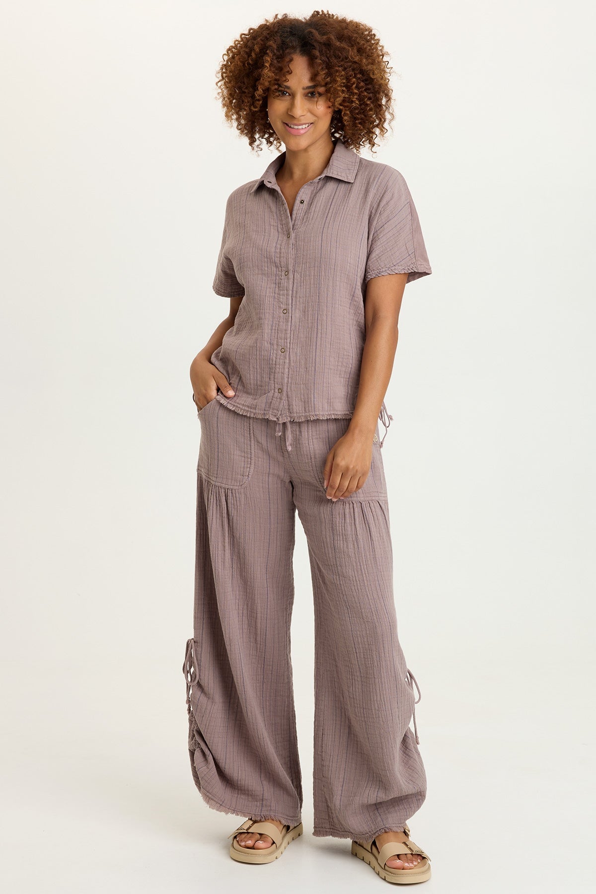 Muriel Indigo Stripe Gauze Cincable Leg Pull-On Waist Wide-Leg Pant Velvet Mink - XCVI