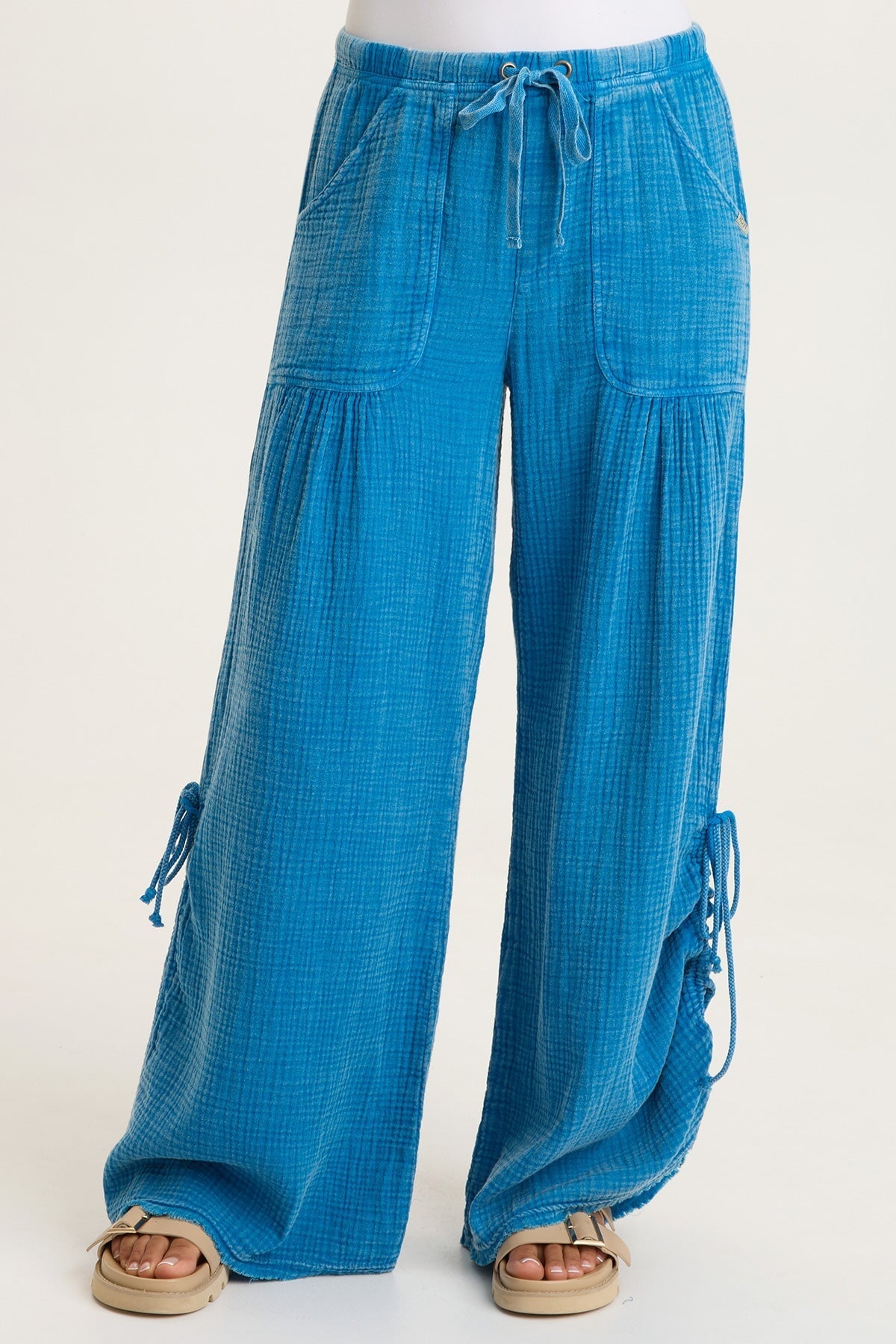 Muriel 100% Cotton Gauze Cincable Leg Pull-On Waist Wide-Leg Pant Distress Wash Mykonos - XCVI