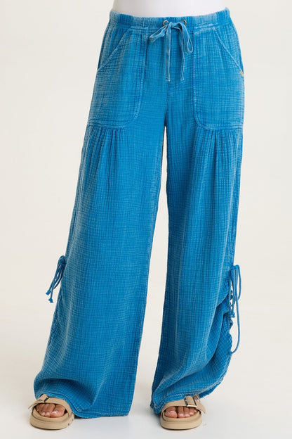 Muriel 100% Cotton Gauze Cincable Leg Pull-On Waist Wide-Leg Pant Distress Wash Mykonos - XCVI