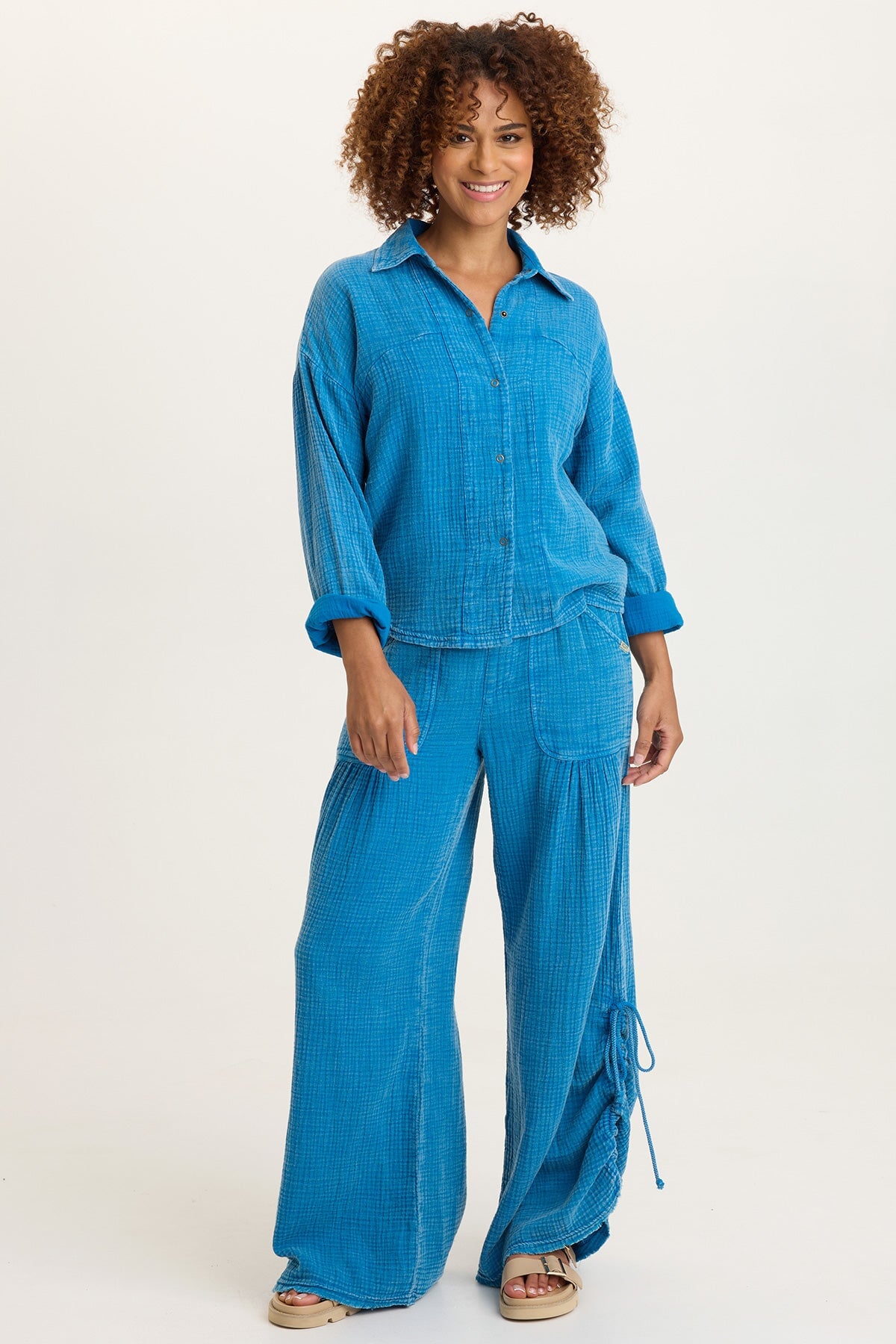Muriel 100% Cotton Gauze Cincable Leg Pull-On Waist Wide-Leg Pant Distress Wash Mykonos - XCVI