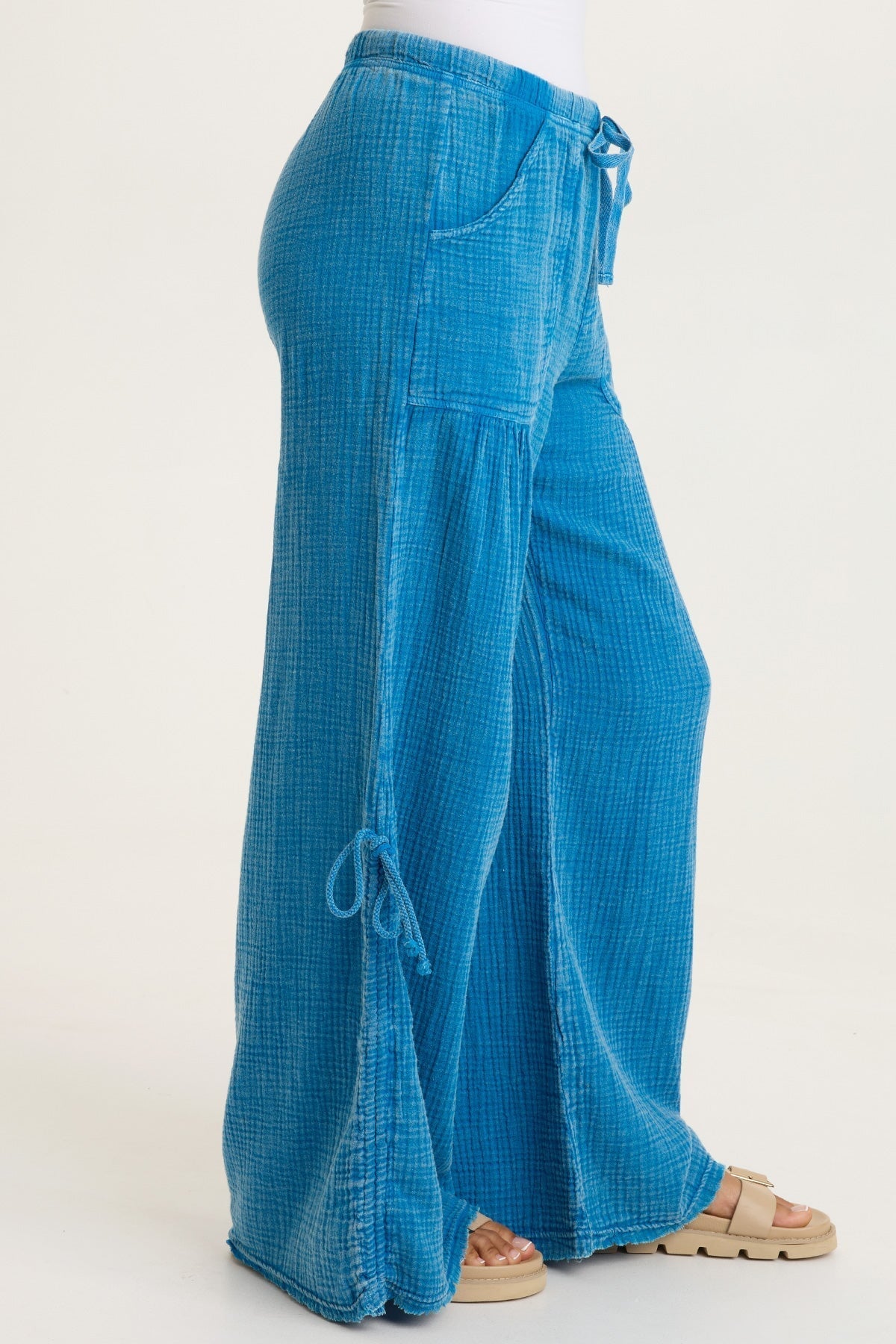 Muriel 100% Cotton Gauze Cincable Leg Pull-On Waist Wide-Leg Pant Distress Wash Mykonos - XCVI