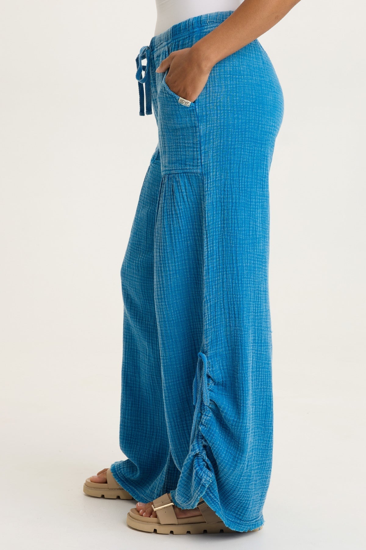 Muriel 100% Cotton Gauze Cincable Leg Pull-On Waist Wide-Leg Pant Distress Wash Mykonos - XCVI