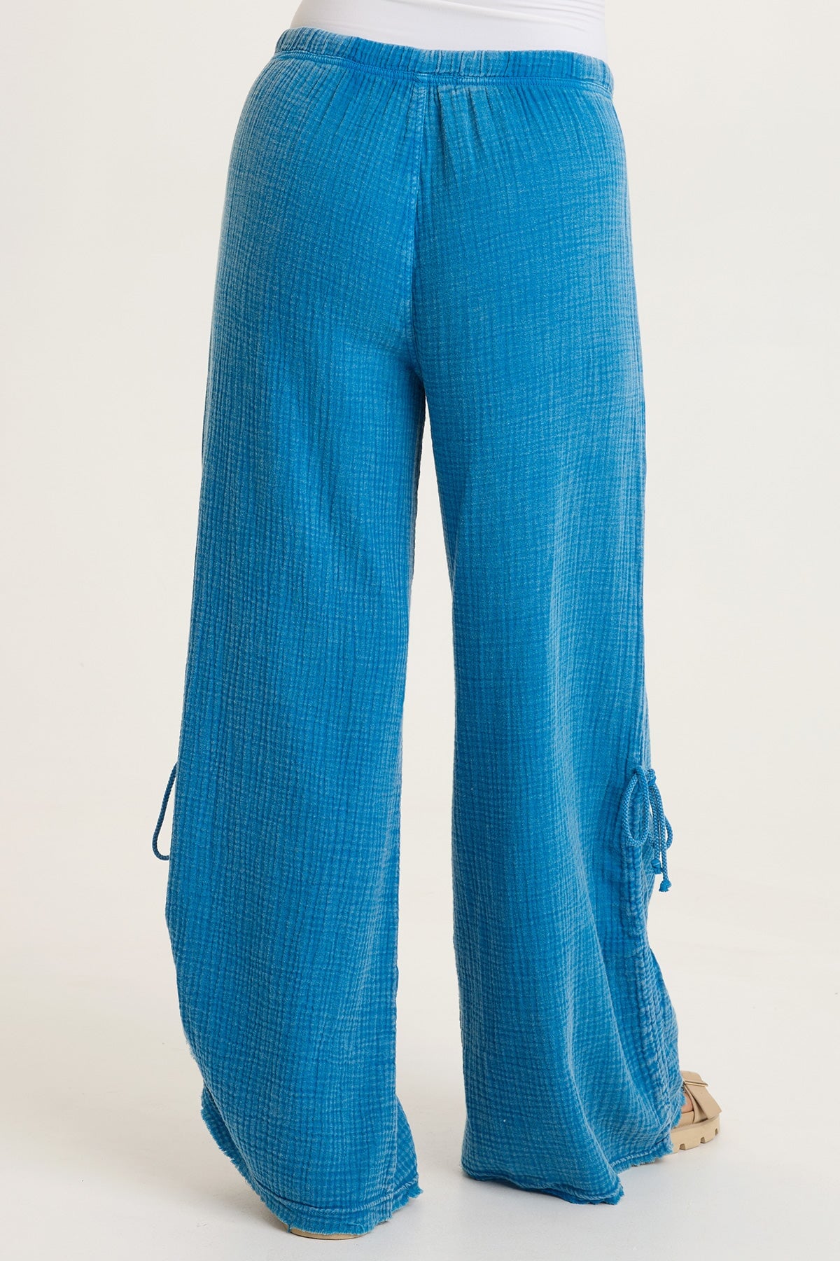 Muriel 100% Cotton Gauze Cincable Leg Pull-On Waist Wide-Leg Pant Distress Wash Mykonos - XCVI