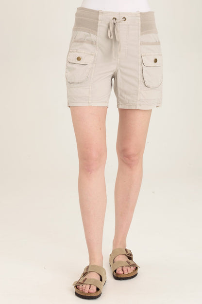 Wearables Felix Stretch Poplin Cargo Drawstring Short with distressed rib waist and twill tape detail in Grey Ripple Pigment - XCVI