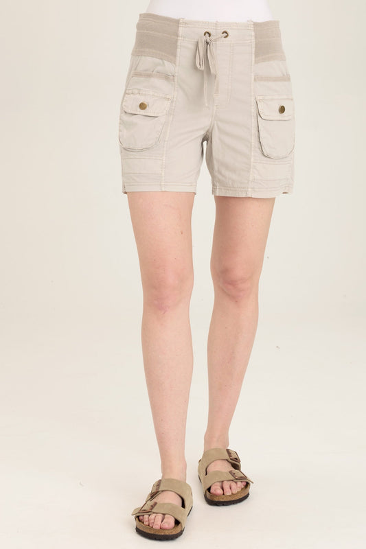 Wearables Felix Stretch Poplin Cargo Drawstring Short with distressed rib waist and twill tape detail in Grey Ripple Pigment - XCVI