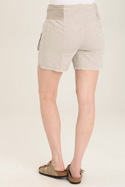 Wearables Felix Stretch Poplin Cargo Drawstring Short with distressed rib waist and twill tape detail in Grey Ripple Pigment - XCVI