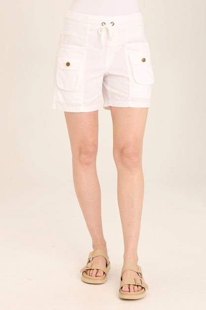 Wearables Felix Stretch Poplin Cargo Drawstring Short with distressed rib waist and twill tape detail in White White - XCVI