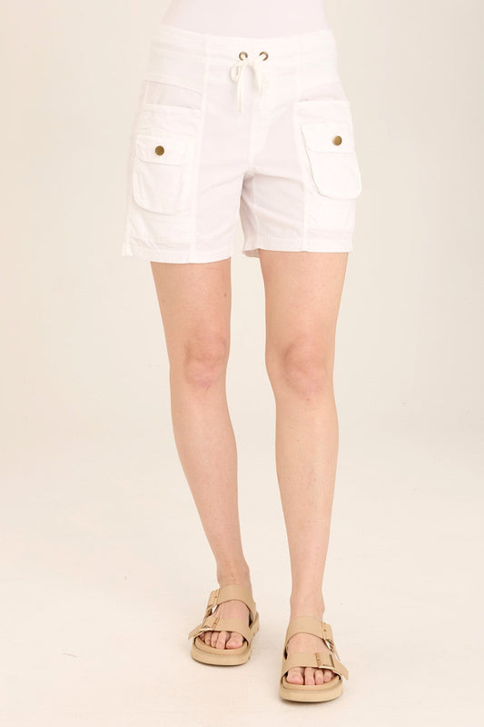 Wearables Felix Stretch Poplin Cargo Drawstring Short with distressed rib waist and twill tape detail in White White - XCVI