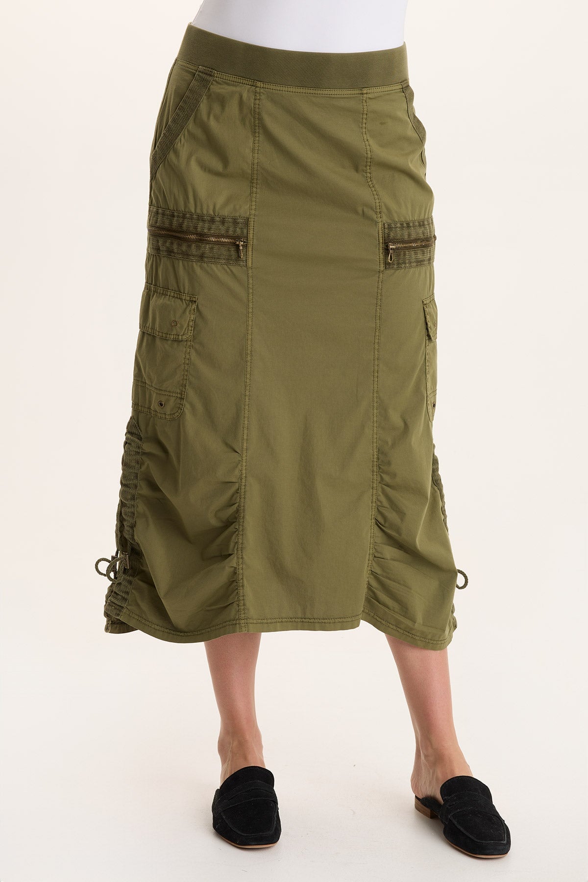 Shea Poplin Cinchable Ruched Pull-On Midi Skirt Thicket Pigment - XCVI