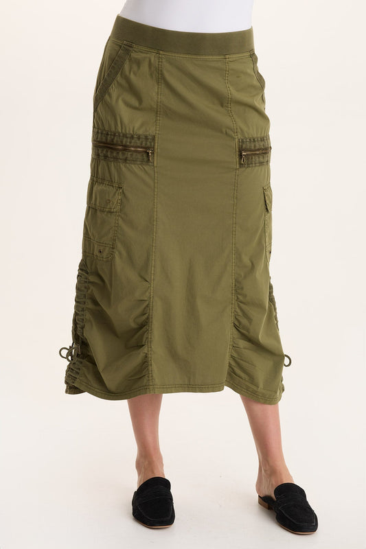 Shea Poplin Cinchable Ruched Pull-On Midi Skirt Thicket Pigment - XCVI
