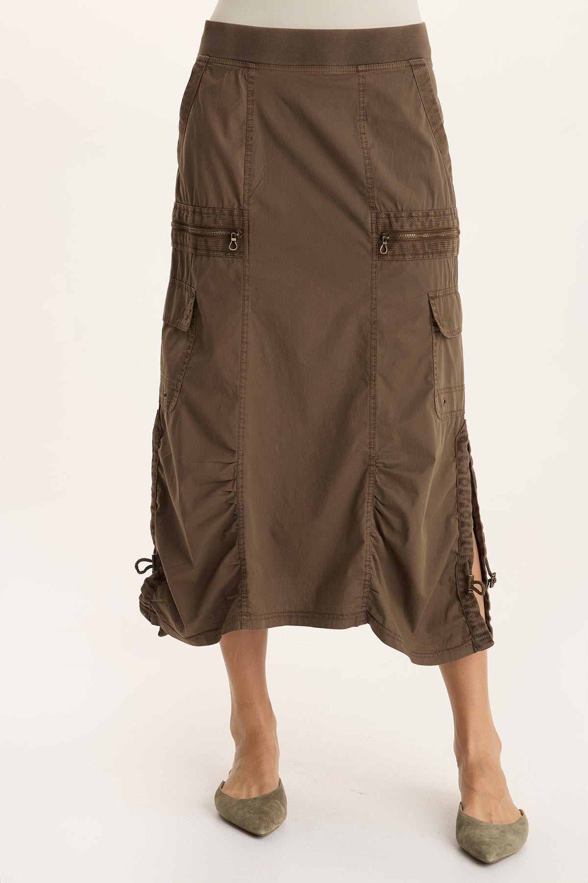 Shea Poplin Cinchable Ruched Pull-On Midi Skirt Oak Creek Pigment - XCVI