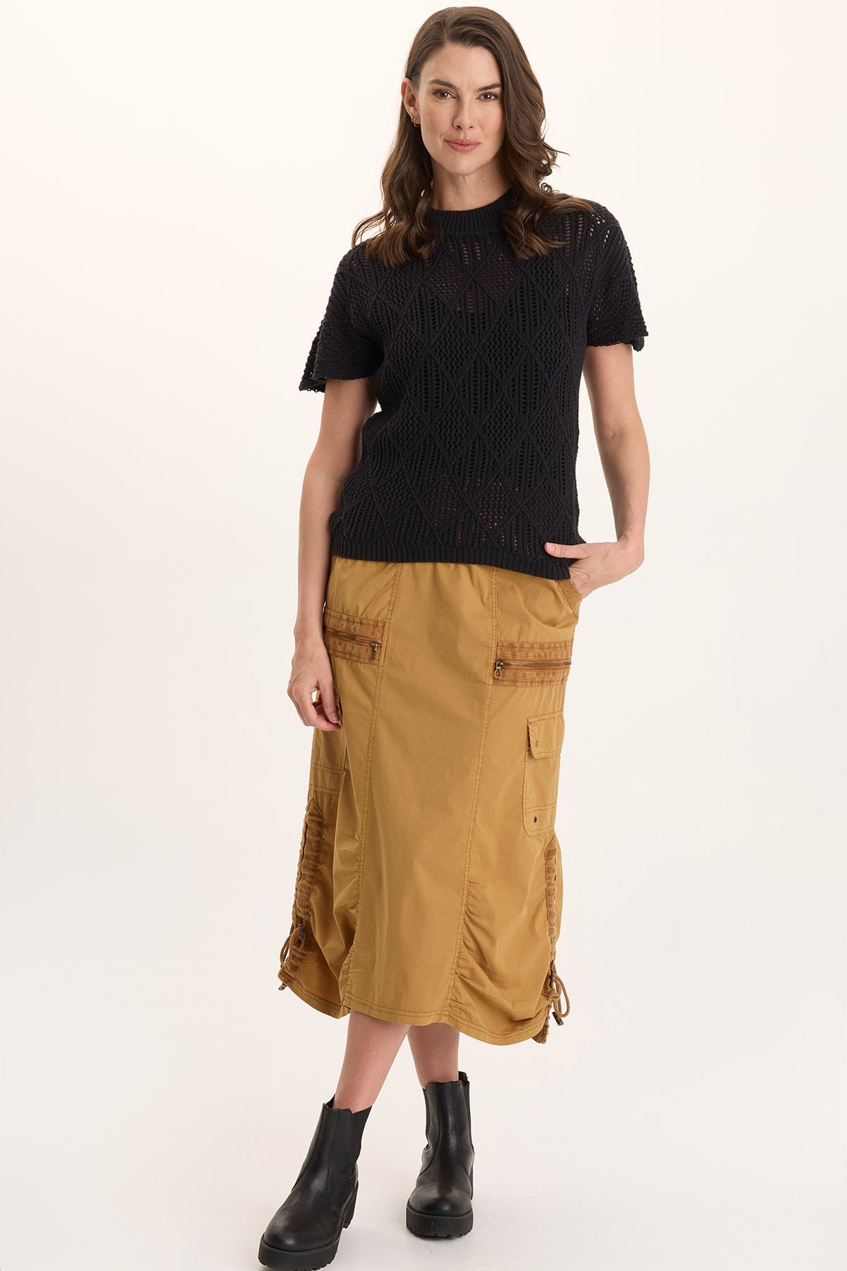 Shea Poplin Cinchable Ruched Pull-On Midi Skirt Goldenrod Pigment - XCVI