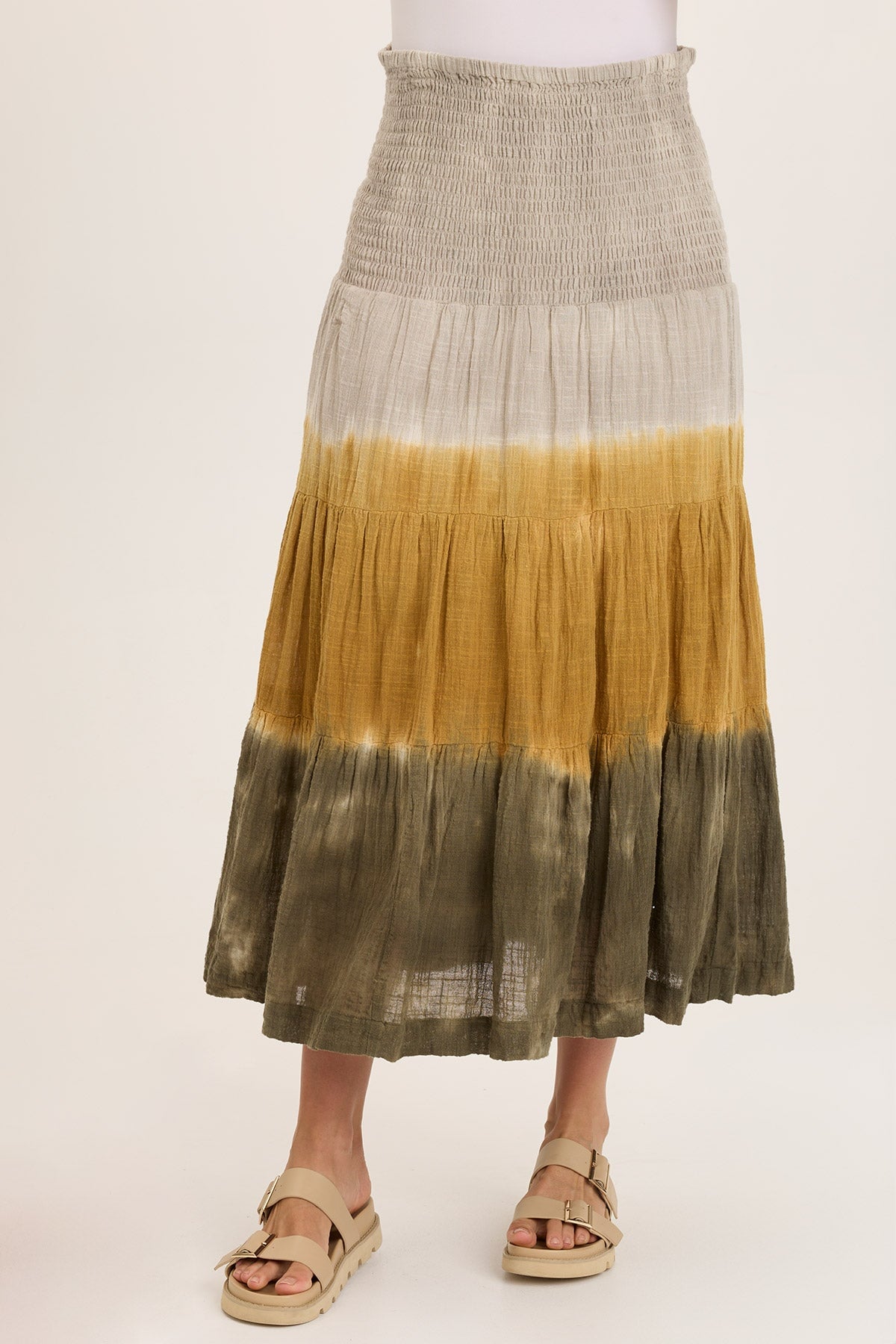 Wearables Paigene Gauze Tiered Flowy Midi Skirt Tricolor Ombre Voyage - XCVI