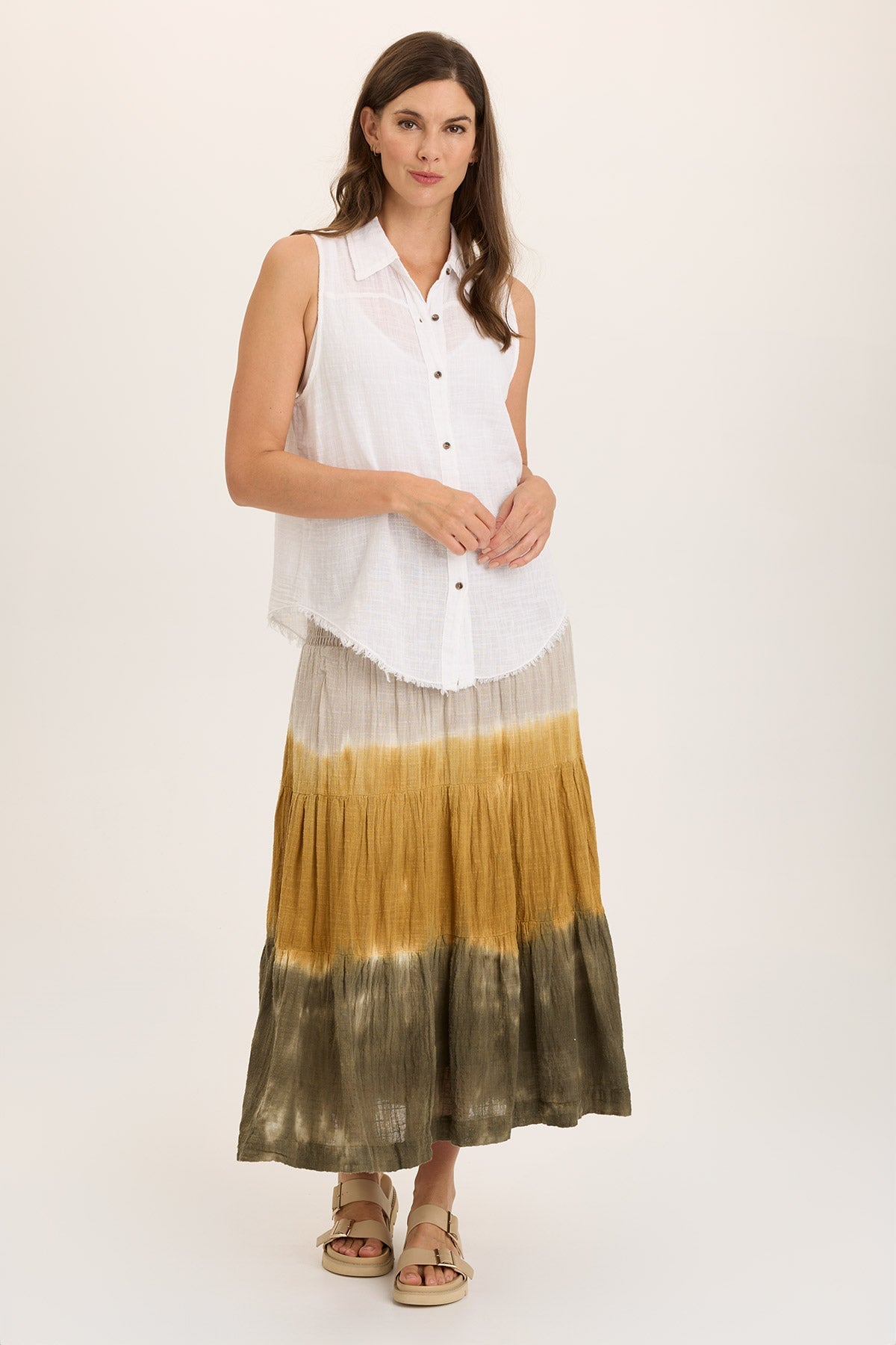 Wearables Paigene Gauze Tiered Flowy Midi Skirt Tricolor Ombre Voyage - XCVI
