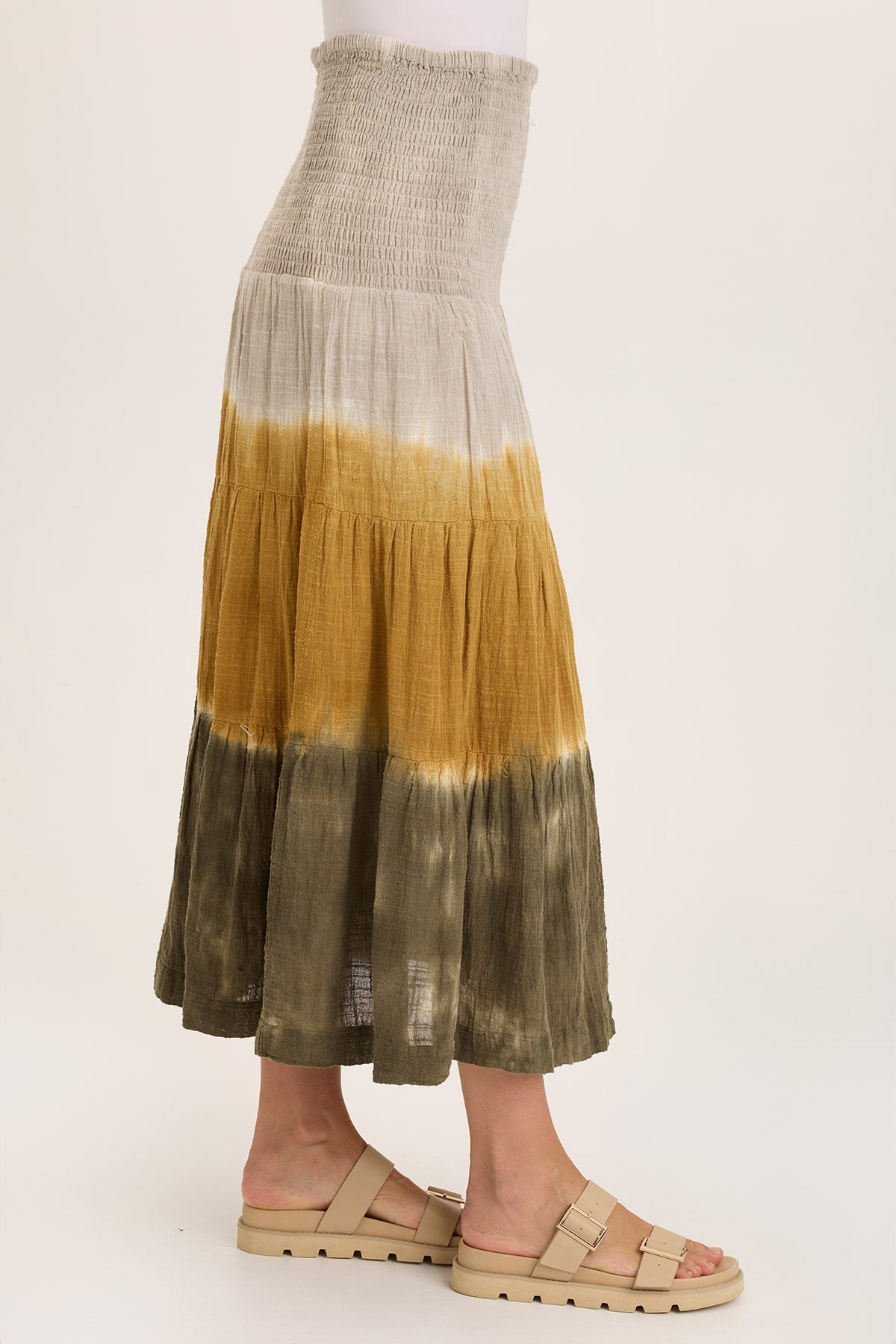 Wearables Paigene Gauze Tiered Flowy Midi Skirt Tricolor Ombre Voyage - XCVI