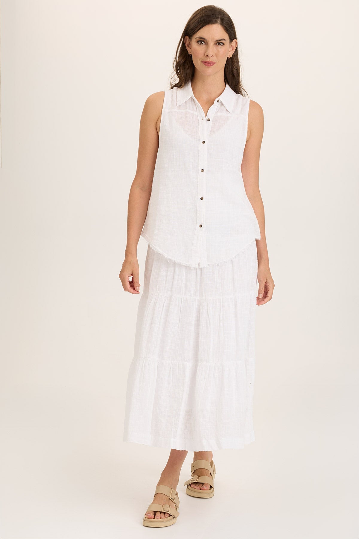 Wearables Paigene Gauze Tiered Flowy Midi Skirt White - XCVI