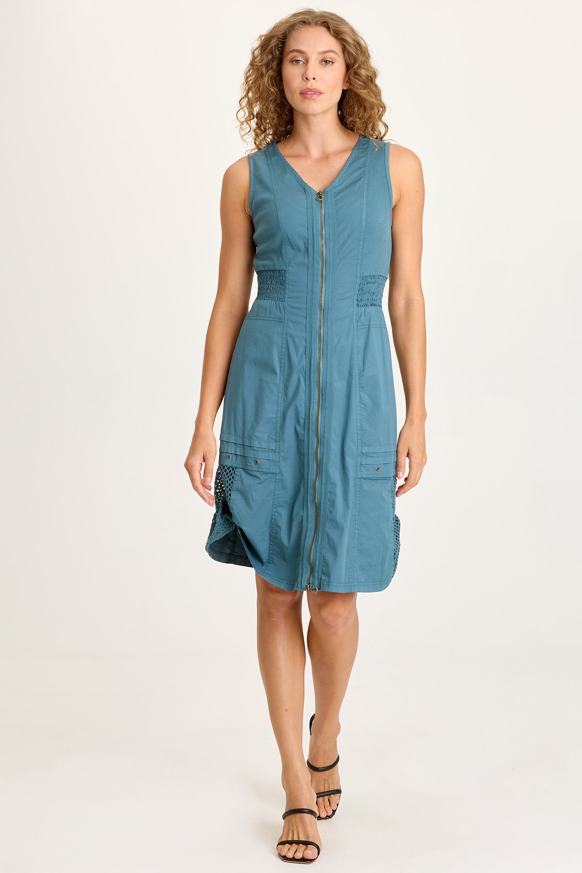 Holland Poplin/Mesh Front-Zip Sleeveless Dress Dark Night - XCVI