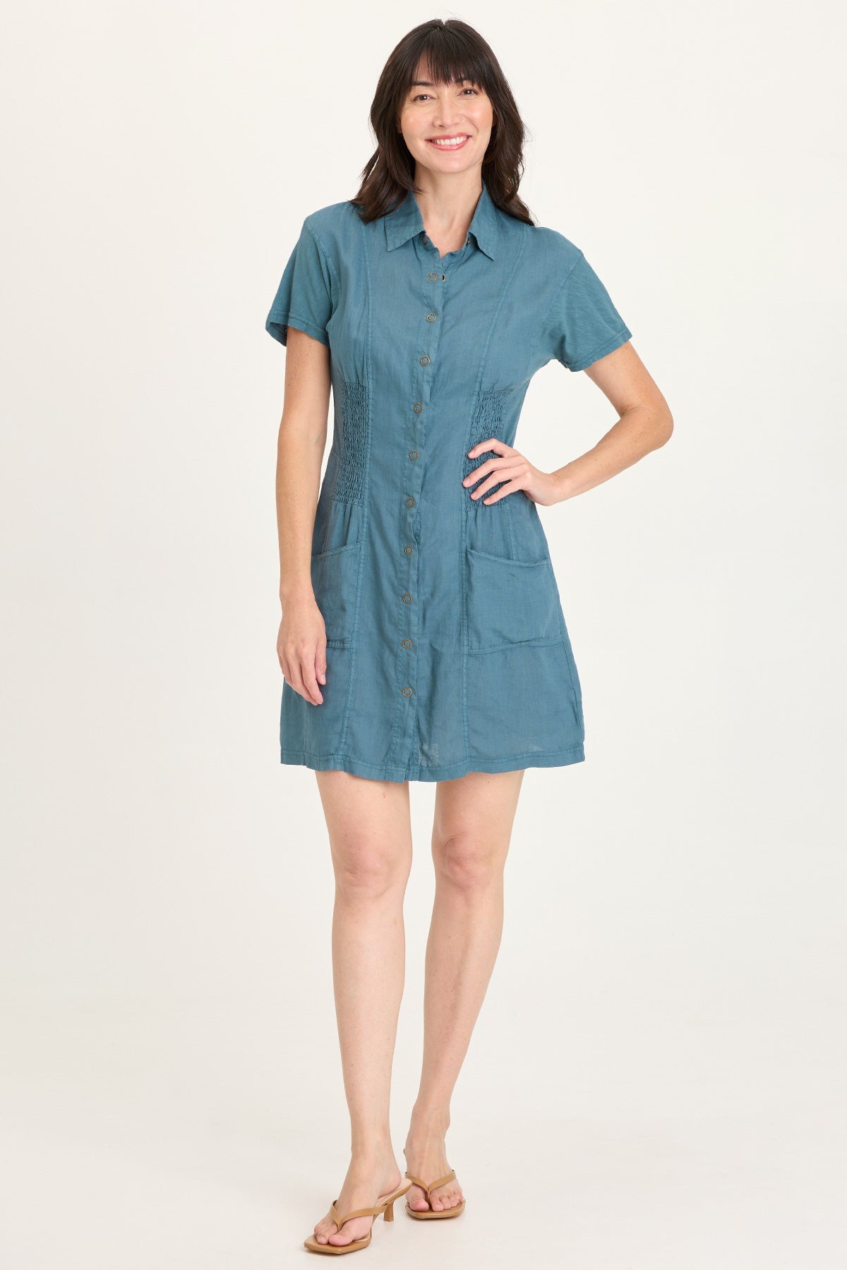 Mikel Linen Smoked Waist Snap-Up Collared Short-Sleeve Dress Dark Night - XCVI