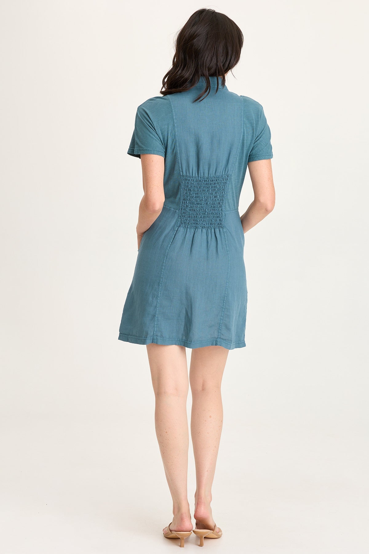 Mikel Linen Smoked Waist Snap-Up Collared Short-Sleeve Dress Dark Night - XCVI