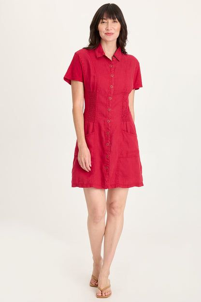 Mikel Linen Smoked Waist Snap-Up Collared Short-Sleeve Dress Red Garnet - XCVI