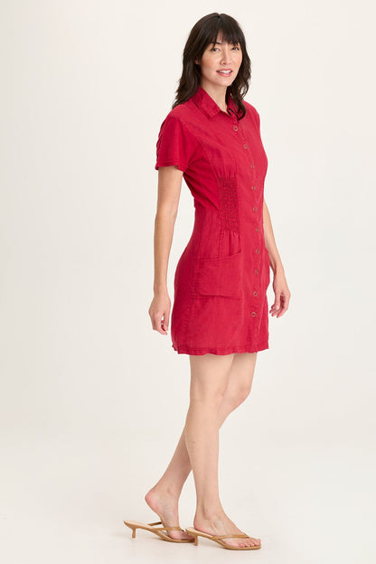 Mikel Linen Smoked Waist Snap-Up Collared Short-Sleeve Dress Red Garnet - XCVI