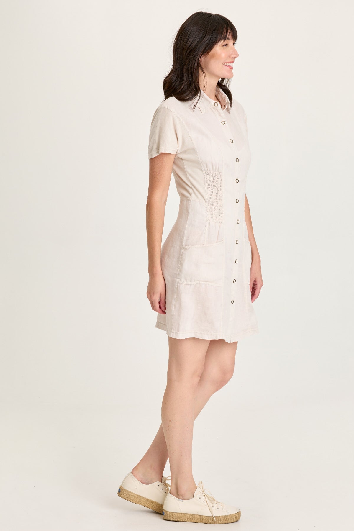Mikel Linen Smoked Waist Snap-Up Collared Short-Sleeve Dress Sonic Silver - XCVI