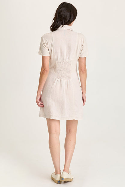 Mikel Linen Smoked Waist Snap-Up Collared Short-Sleeve Dress Sonic Silver - XCVI